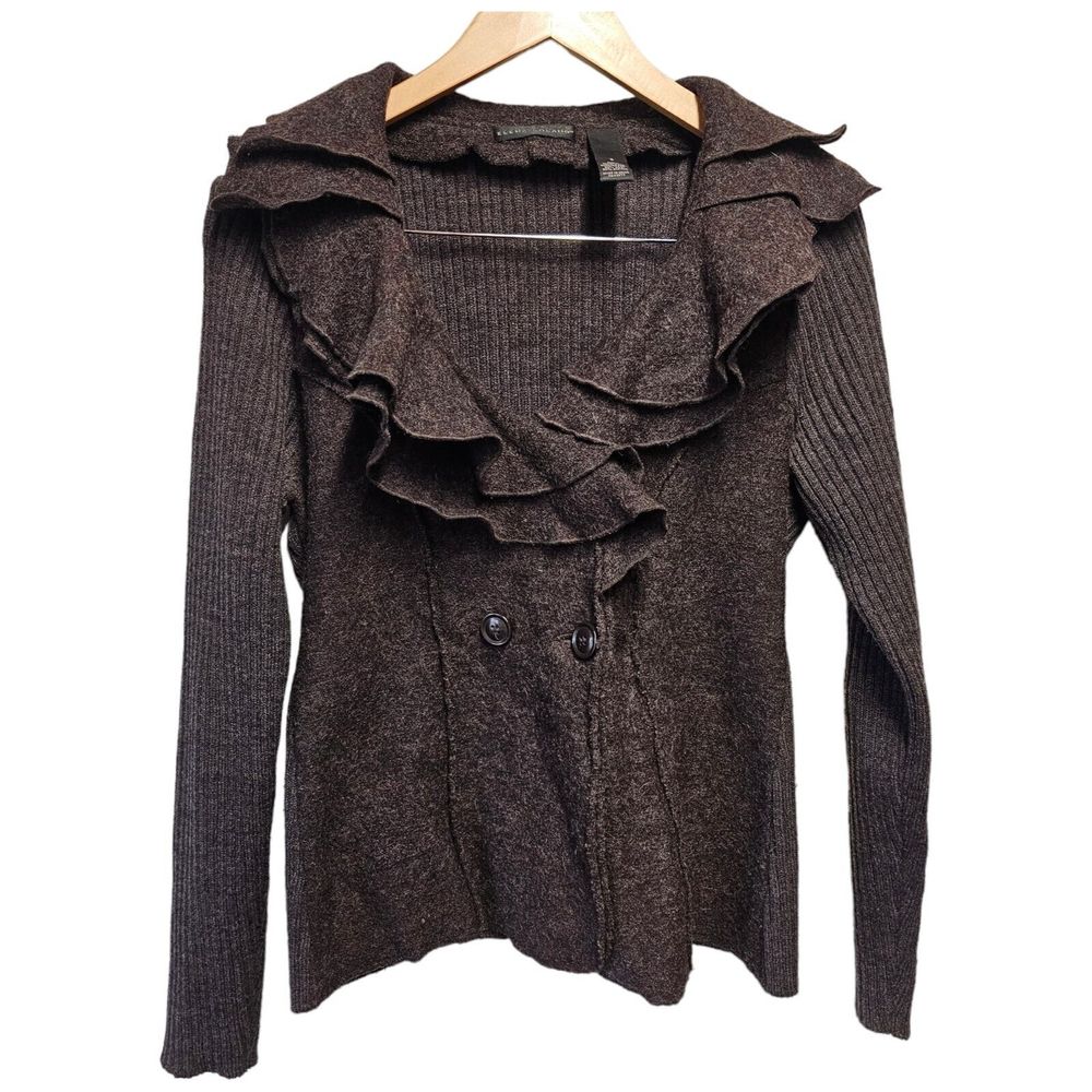 Elena Solano Boiled‎ Wool Double Breasted Sweater Coat Blazer Brown S Ruffles